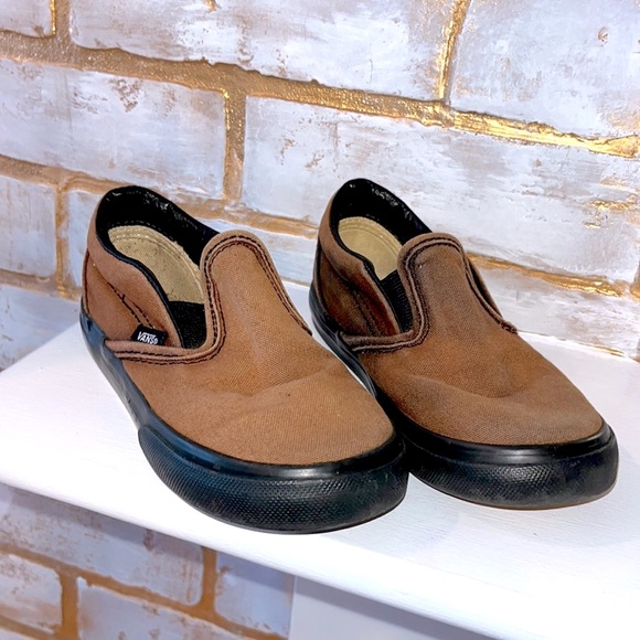 Vans Brown on Black Canvas Slip On V Shoes, Toddler Size 10 - Picture 4 of 11
